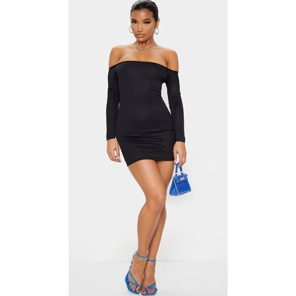 PRETTYLITTLETHING Black Bardot Bodycon Dress Womens Size 8 NWT - Picture 1 of 11